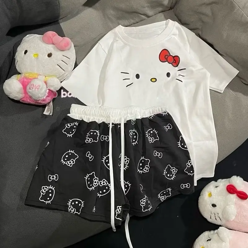SET ÁO phông mèo cute TRẮNG KITTY + QUẦN NGẮN KITTY ĐEN top mùa hè