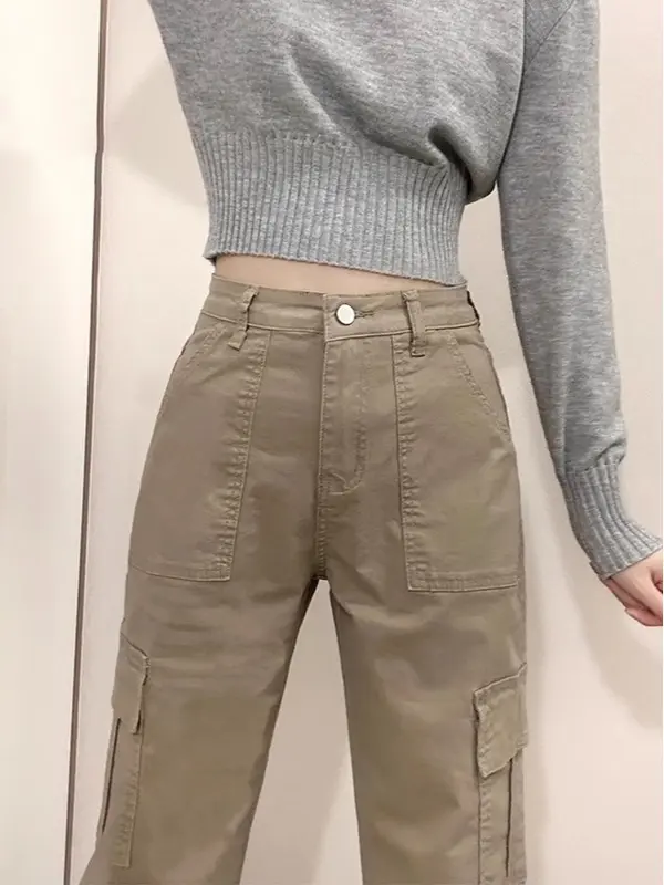 【Luck wanita】Cargo Jeans khaki Highwaist Loose Celana Jeans Wanita Korea style (realpict) 6