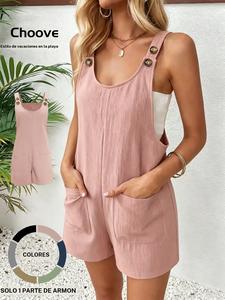 Mono de tirantes con bolsillos y botones para mujer sin top corto, mono informal sin mangas con escote redondo para verano, ropa de mujer para el día a día