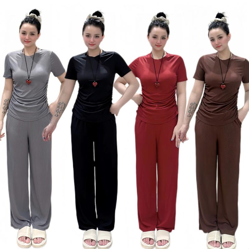 bộ đồ dài quần ống suôn, áo cổ tròn tay ngắn nhún eo thun gân mặc nhà, phù hợp mọi độ tuổi TK704