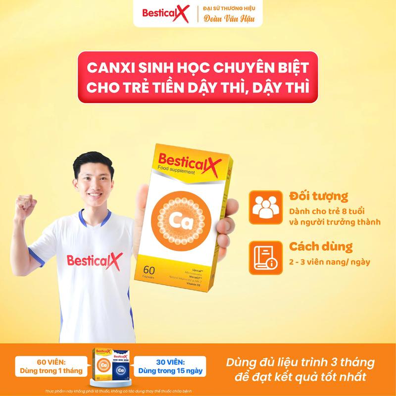 Canxi Bestical X (Dạng Viên Nang): Cho Trẻ Từ 8 Tuổi, Bổ Sung Canxi, Vitamin D3 và K2 Cho Bé, Giúp Xương và Răng Chắc Khỏe (Dùng đủ liệu trình 3 tháng để đạt kết quả như mong muốn)