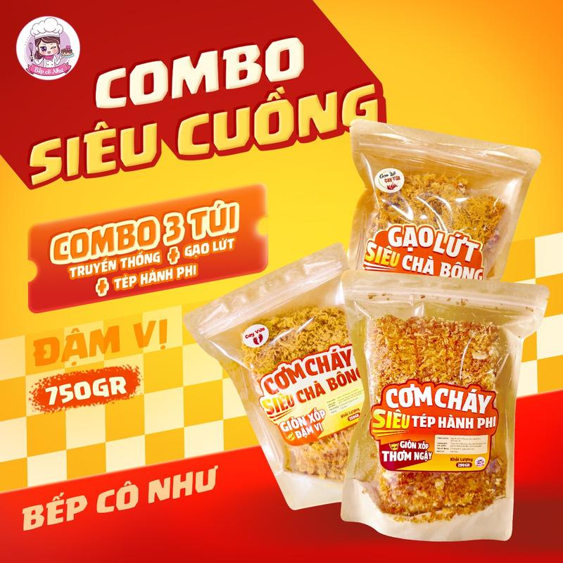 Combo Siêu Cuồng - Cơm cháy siêu giòn rụm đậm vị - 3 túi 250g | Đồ ăn vặt Bếp Cô Như | Snack Food