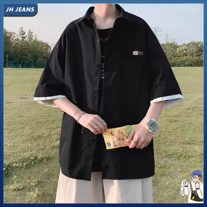 Kemeja pria lengan pendek korean style oversize kemeja hitam cowok kasual kemeja batik longgar kemeja panel pria kaos couple pasangan kemeja polos korea Premium Impor kemeja2023 Remaja 0