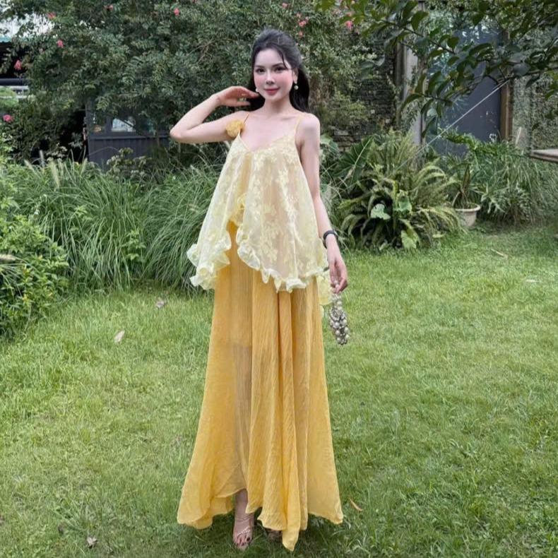 Set Váy Tiểu Thư 2 Dây Bèo Sóng Chân Váy Maxi Dáng Dài Màu Xinh Xắn Top Nữ Women LD546