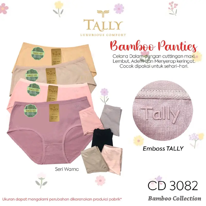 Tally (3pc, 6pc, 12pc) Cd/Celana Dalam Wanita Tally 3082 Bamboo Panties Katun Adem Lembut 0
