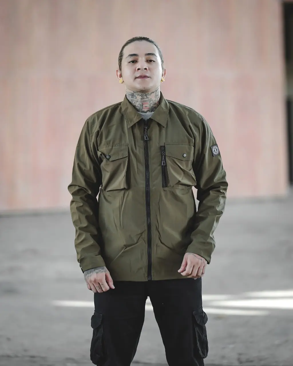 Overshirt Jacket Blanket Cringkle Nilon Army Green Jaket Kerah