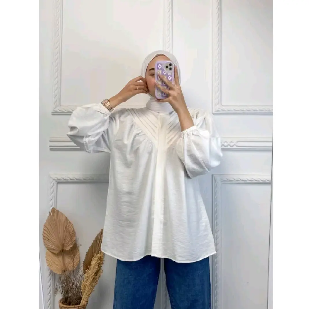 Kemeja Atasan Blouse Pollo Linen Lengan Karet Wanita Premium