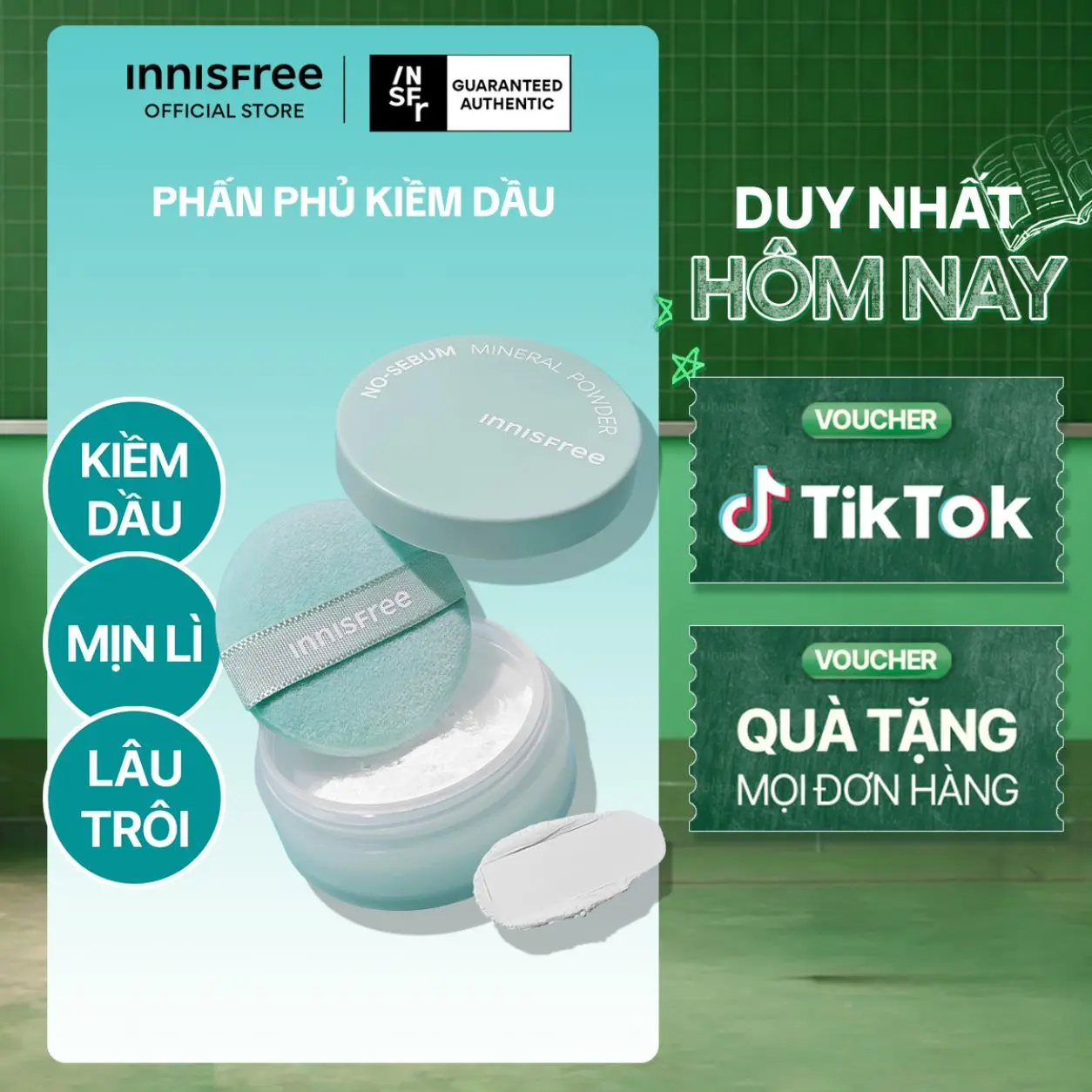 Phấn phủ bột kiềm dầu, mịn lì lâu trôi INNISFREE No Sebum Mineral Powder 5g