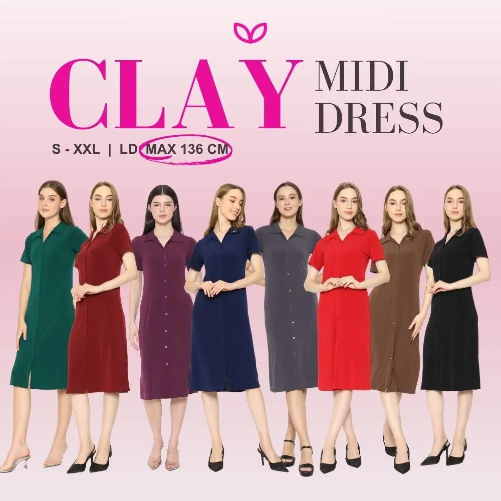 Pluffyschoice Clay Midi Dress Short Sleeve S-XXL Bigsize Wanita Bahan Jersey Kancing Hidup Baju Casual Ibu Hamil Bumil Busui