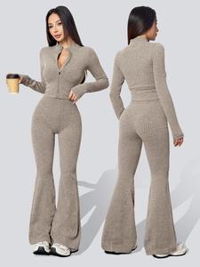 Conjunto de dos piezas para mujer, chaqueta de punto a cuadros para otoño e invierno con cierre, leggings de cintura alta, casual para yoga y fitness