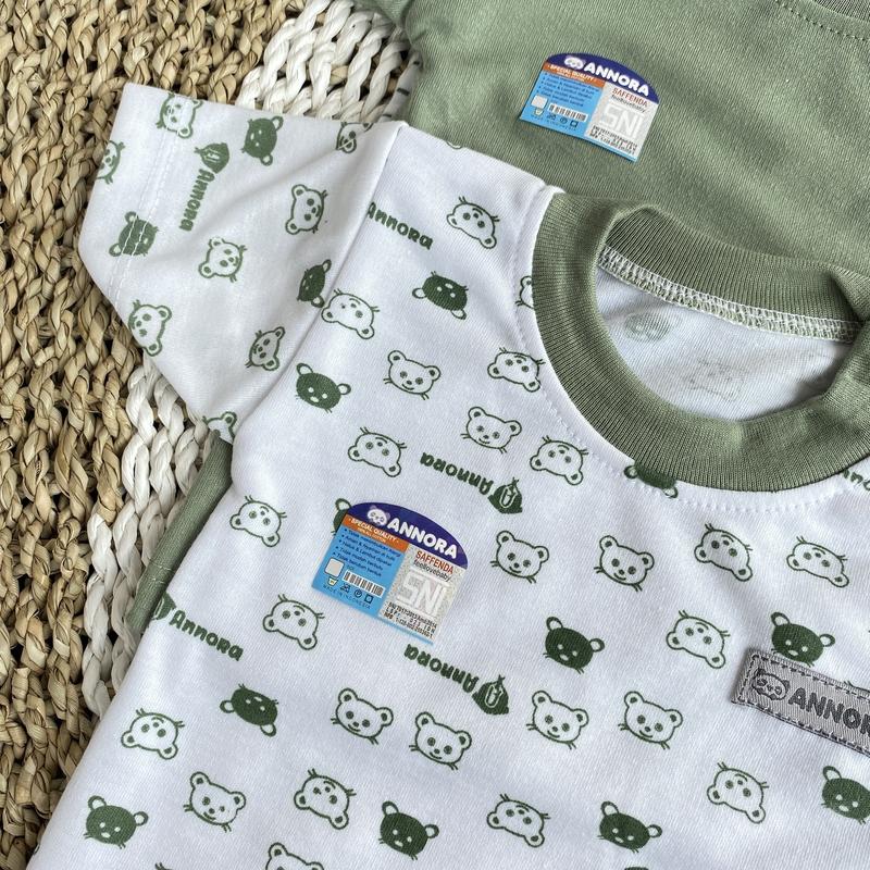 ANNORA 3 Setelan Bayi 0-18 Bulan S M L XL Baju Tidur Piyama Bayi Pendek Seri Warna Sage Bear 5
