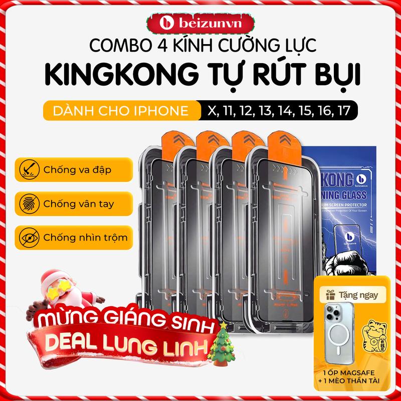   Beizun  Combo 4 Kính Cường Lực Iphone Tặng Ốp Magsafe - KINGKONG GLASS Khung Tự Dán  Viền Cong 2.5D|Trong Suốt Chống Nhìn Trộm|Chống Va Đập Chịu Lực Tốt | Bảo Vệ Màng Loa,Chống Bám Bụi,Chống Nước | iPhone 7- Iphone 17 + Mèo Thần Tài 
