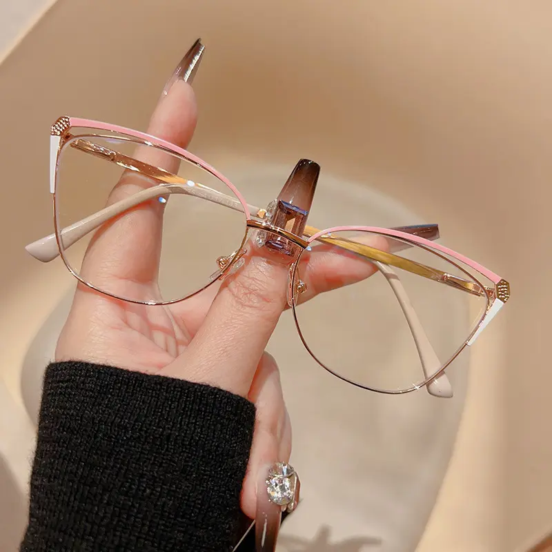 New European and American Fashion Metal Double Color Large Frame Cat Eye Glasses Frame Flat Mirror