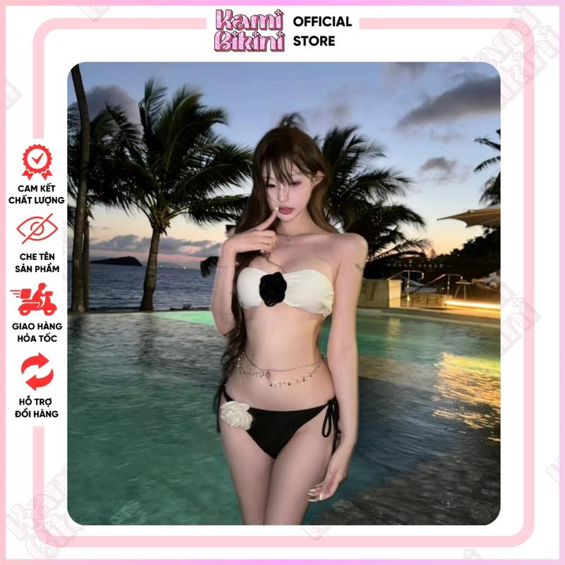 Set Bikini 2 Mảnh Đi Biển Áo Quây, Đính Hoa Phối Màu Đen Trắng, Đồ Bơi Nữ 2 Chi Tiết Chất Vải Mềm Mại <55kg - Mã H24