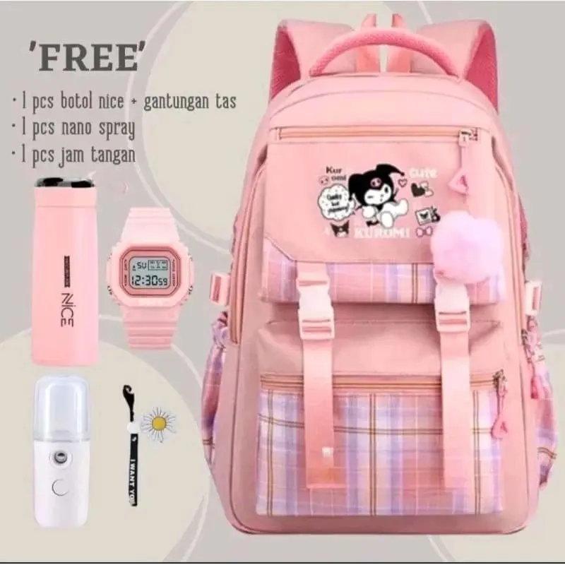 Tas Ransel Anak Perempuan Kuromi Bags Tas Sekolah Free Botol Minuman Nano Spay Jam Tangan Gantungan Lucu BISA COD Fashion Sekolah Wanita Aksesoris 0