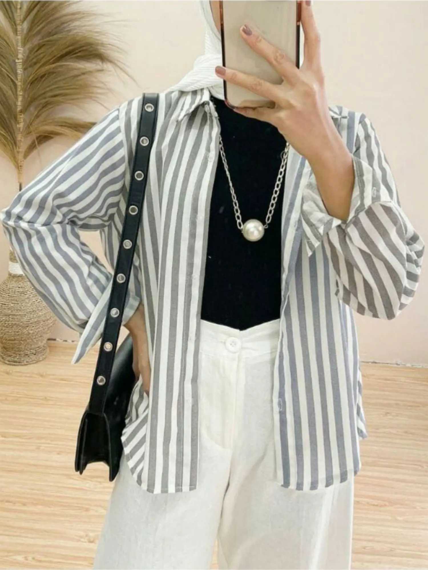 Kemeja Wanita Stripe Salur Korean Style PolyRayon Lengan Panjang Size M L XL XXL