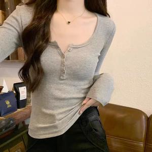 Women's U Neck Short Sleeve Long Sleeves Casual Top, Fall New Style Simple Versatile Pure Desire Streetwear 7297# Minimalist Basic Womenswear