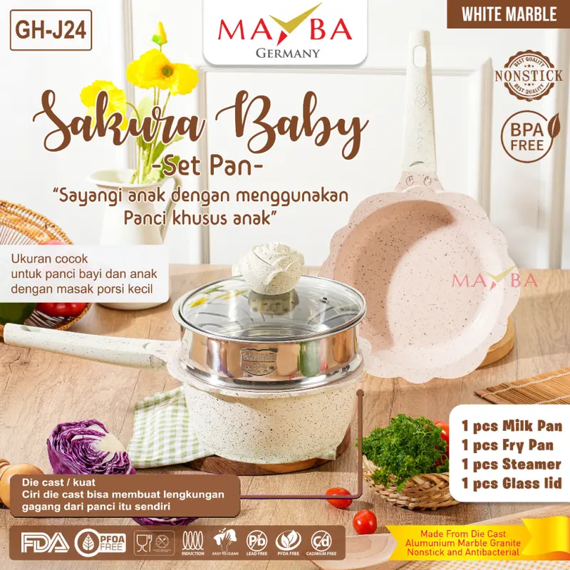 PANCI SET MAYBA BABY PAN 4 pcs Perlengkapan bayi Kids | Peralatan Wajan masak anak diatas bolde | Cream Frying Milk pan steamer lavender merah Pink Black 2