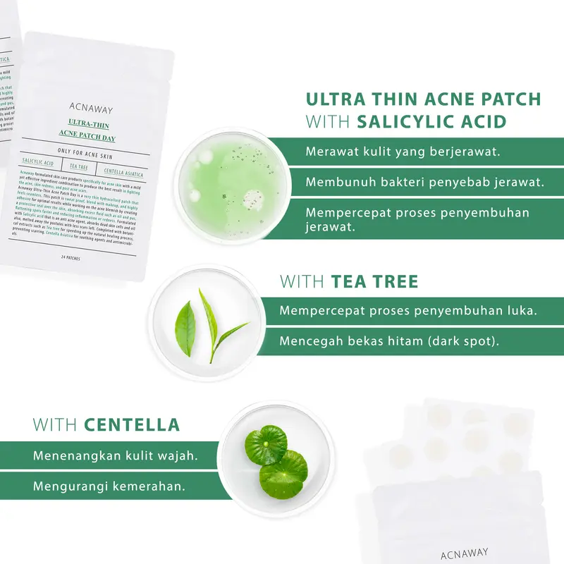 ACNAWAY Ultra Thin Acne Patch – Plester Jerawat Tipis untuk Wajah & Muka | Acne Spot Treatment Memudarkan Jerawat, Tahan Keringat, Menyatu dengan Makeup with Salicylic Acid + Tea Tree + Centella 2
