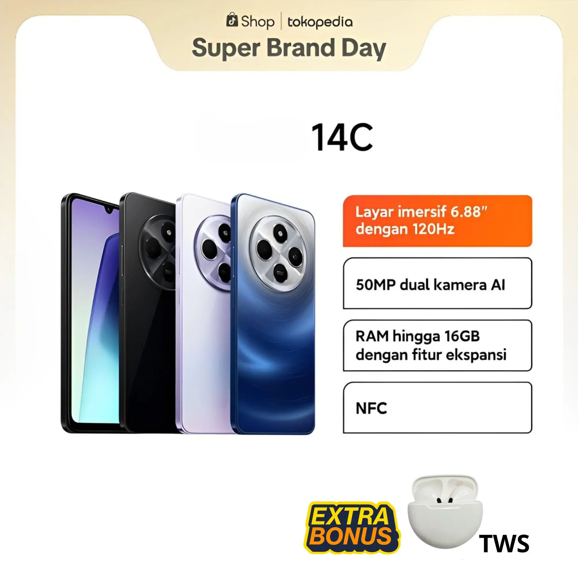 COD Ponsel Pintar 14C NFC Ram 8/256GB Layar 6.8 Inchi Kamera 50MP Fullset