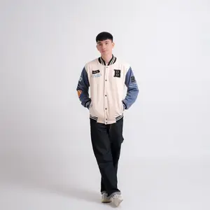 Jaket Varsity Baseball Full Bordir Pria Wanita Bahan Fleece Tebal Ukuran M L XL Cream