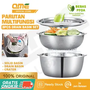 QME- Baskom Parutan Saringan Stainless Serbaguna / Tirisan Baskom Cuci Sayur Wortel  Buah Alat Multifungsi Sayuran Set Steel