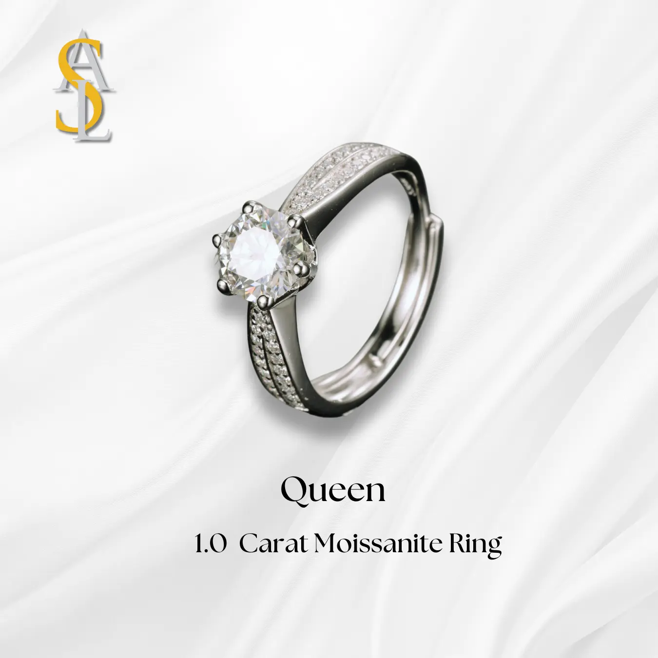 Queen 1.0 Carat Moissanite Diamond Adjustable S990 Ring with 18k White Gold Plating