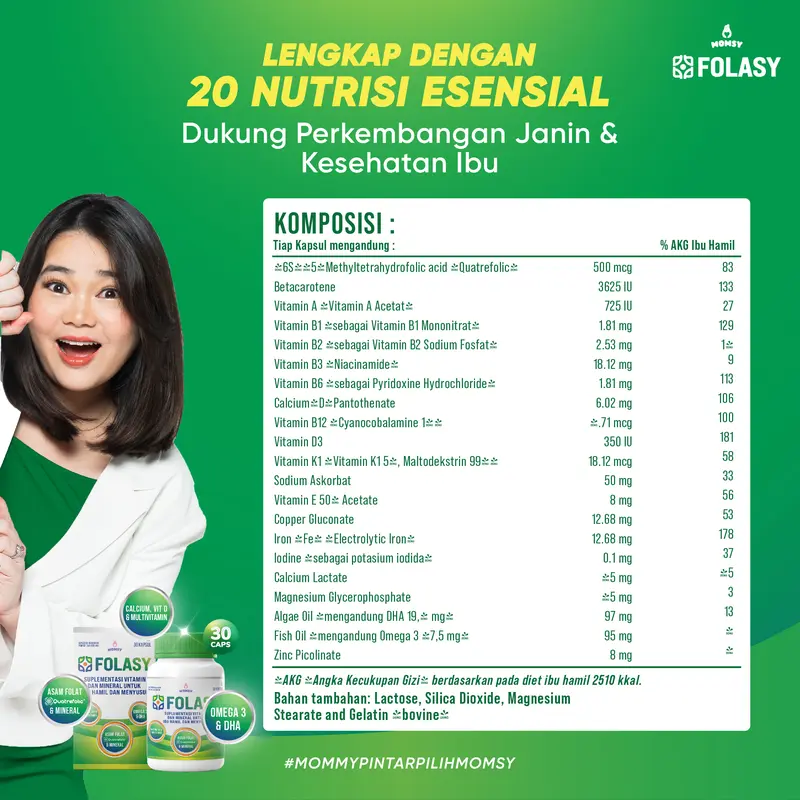 FOLASY [FOLAT AKTIF] [FREE ONGKIR}Lengkap Dengan 20 Nutrisi Esensial Bumil Kalsium, Magnesium, DHA, Omega 3, Vitamin A-K 5