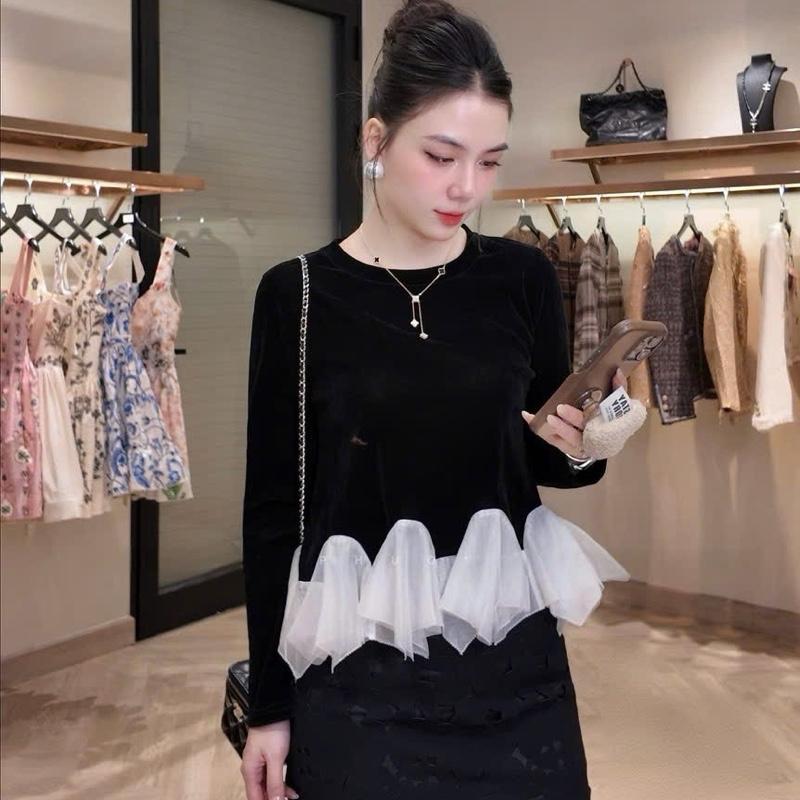 Áo Nhung The Có Tay Bèo Ren Cổ Ngọc