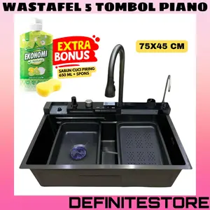 Kitchen Sink 1 Lubang Wastafel Cuci Piring 1 Lubang Bak Cuci Piring 1 Lubang Piano LED Digital Modern Kitchen Sink Stainless 7545 Anti Karat Anti Kelupas Komplit Peredam Suara hitam set lengkap cucipiring kotak tempat dapur premium