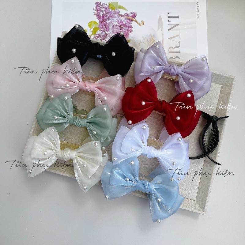 Kẹp càng cua 3r dài Kẹp tóc búi củ tỏi đính nơ vải tơ đính ngọc thời trang - Hàng thiết kế của Tũn - TK1105 Nữ Women