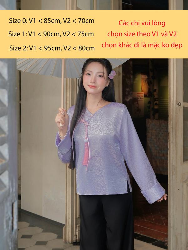 XẢ KHO Tặng dây treo ngẫu nhiên Áo Kiểu Nữ Cách Tân Cổ Tim Tay Dài Vải Gấm Phối Nút Tàu Sang Trọng