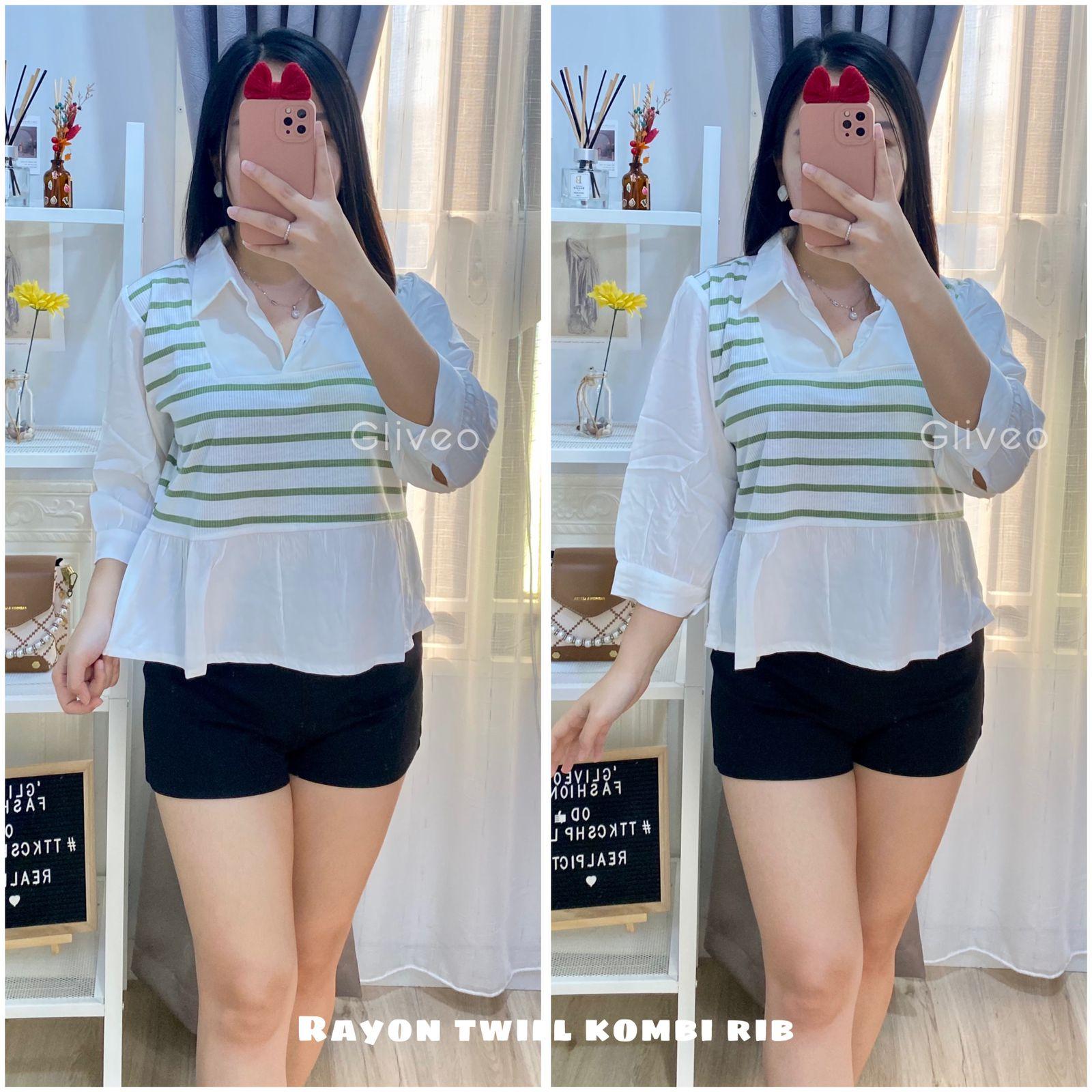 GLIVEO (COD) - KEMEJA KOMBI SALUR RAYON TWILL ADEM / KEMEJA SALUR WANITA LENGAN PANJANG/ ATASAN LENGAN PANJANG WANITA baju karya stripe