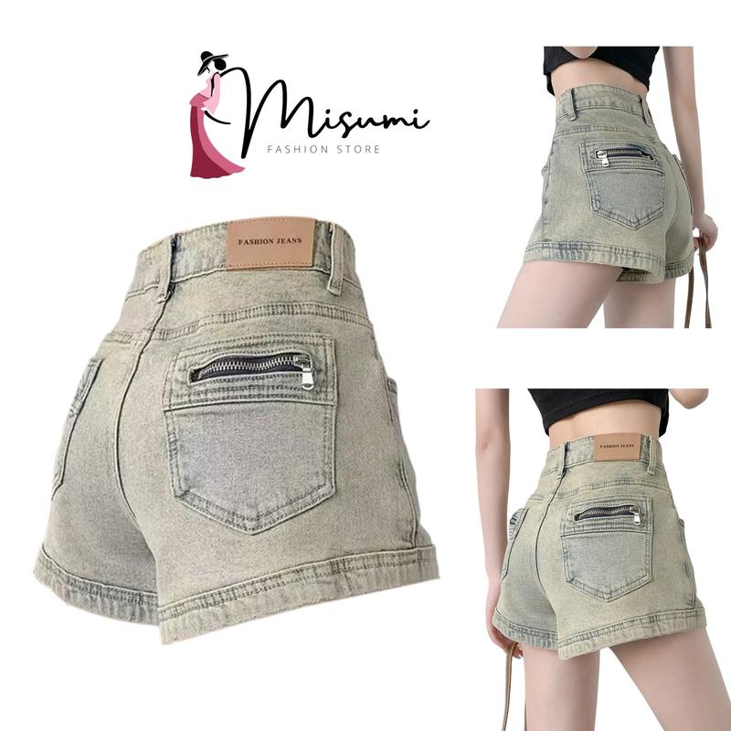 Quần đùi Jean nữ MISUMI, quần mini 2 khóa túi sau, chất denim mềm co giãn tôn V3 hách eo thon Women quần short năng động