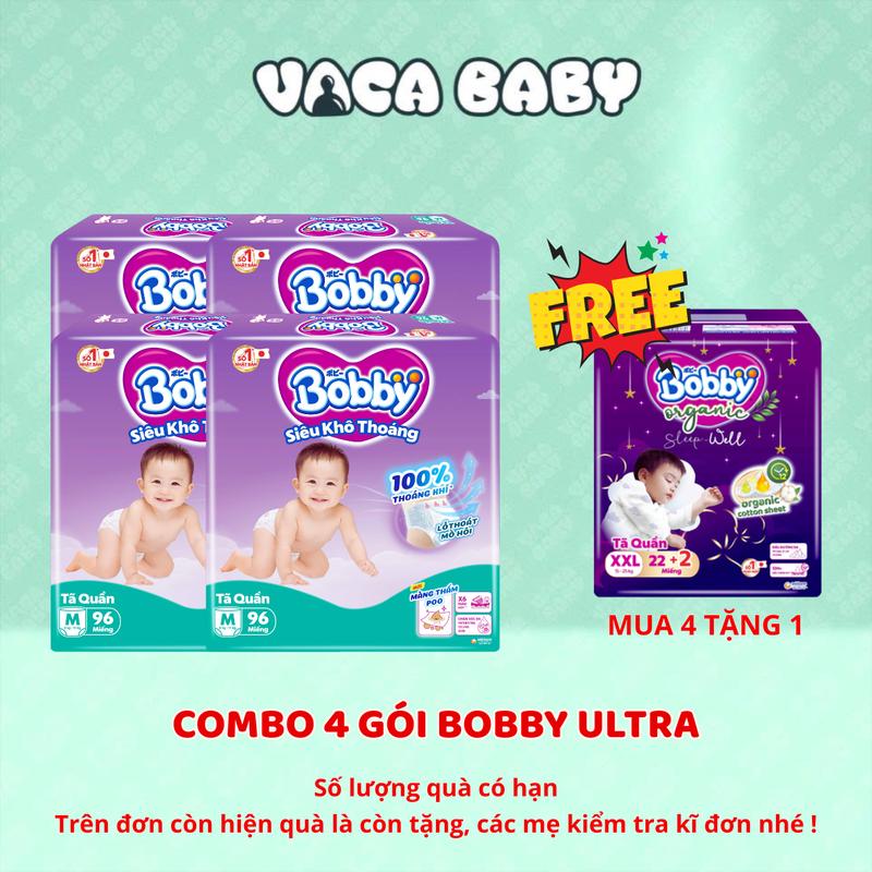   MUA 4 TẶNG 1 TÃ ĐÊM SIZE NGẪU NHIÊN  Combo 4 Gói Tã Quần Bobby Ultra Siêu Khô Thoáng M96  L88  XL74  XXL68 