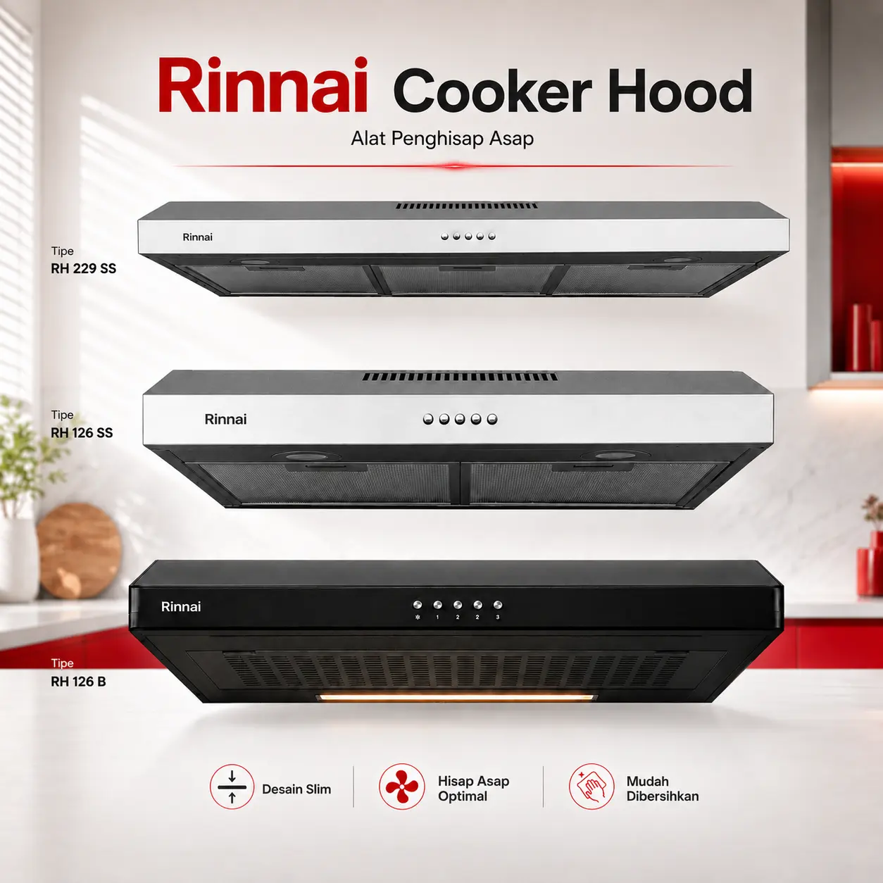 Rinnai Cooker Hood RH-126B RH-126SS RH-229SS Penghisap Asap Dapur Slim 60cm 90cm Sirocco Fan Recycle Ventilation Charcoal Filter LED Low Noise Stainless Black - RD