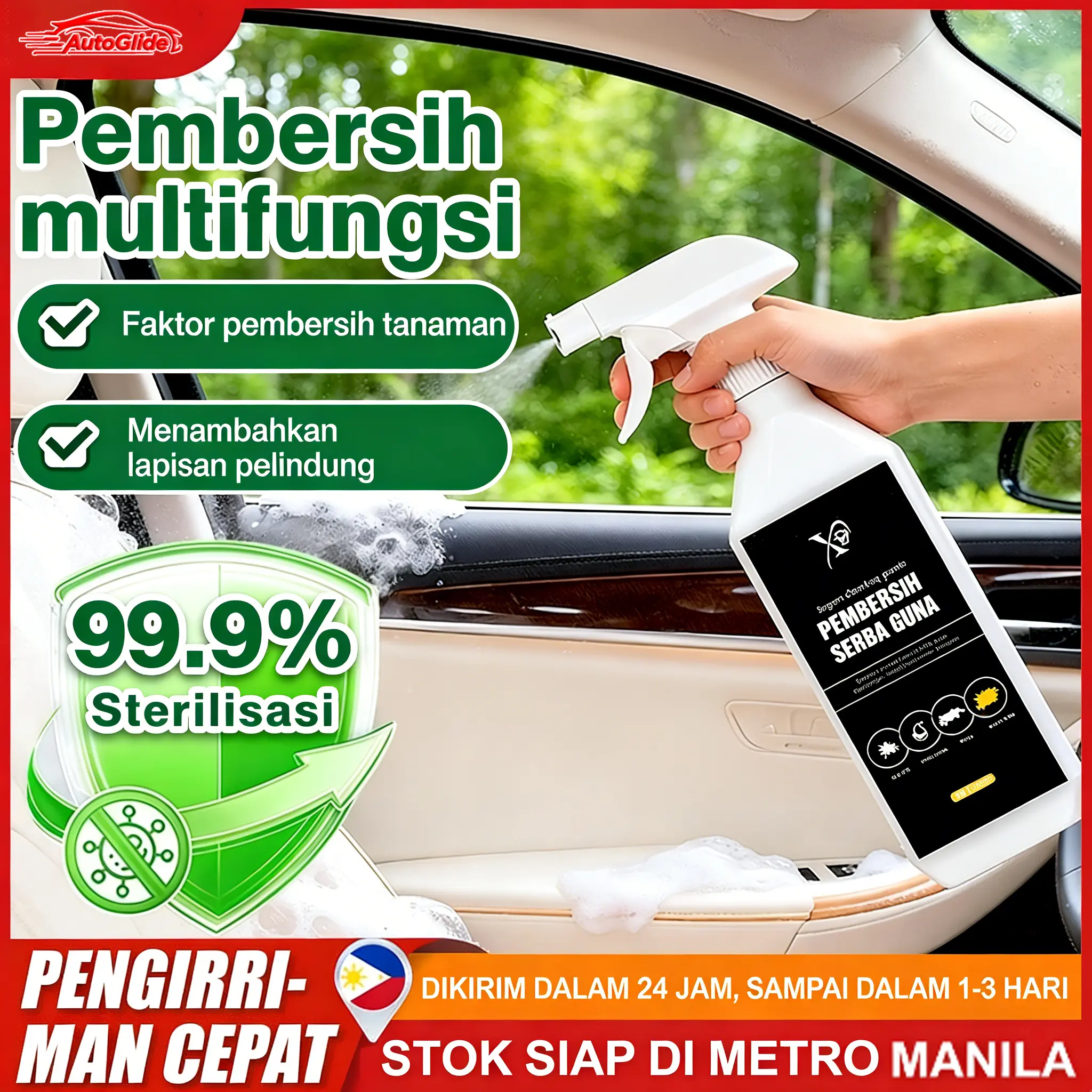 AutoGlide Pembersih Interior Mobil Multi-Tujuan dengan Bahan Botani Alami - Sterilisasi 99,9%, Aroma Segar, Nozel Dual-Fungsi untuk Semua Jenis Interior Mobil