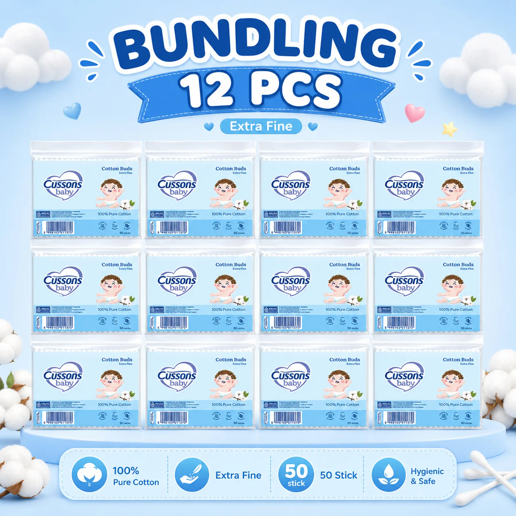 [ 12 PCS ] Cussons Baby Cotton Bud Extra Fine - Pembersih Telinga Bayi 50's