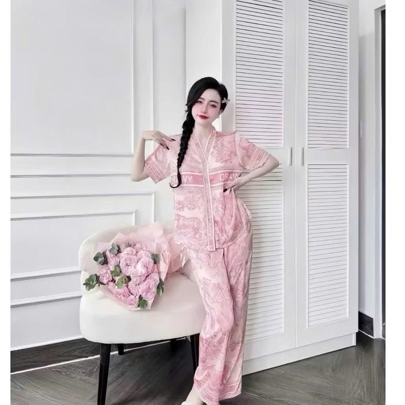 [tặng Dây buộc tóc] Sét bộ pijmama cổ y áo cộc quần dài lụa latin mềm mịn mát hoạ tiết dễ thương