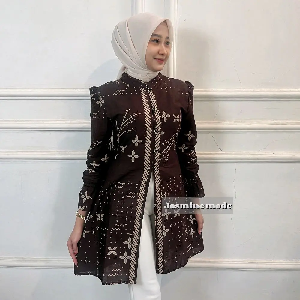 Tunik Batik Modern Wanita Kancing Depan Atasan Batik Lengan Panjang Bahan Katun Tunik Kusuma Ayu by Jasmine Mode