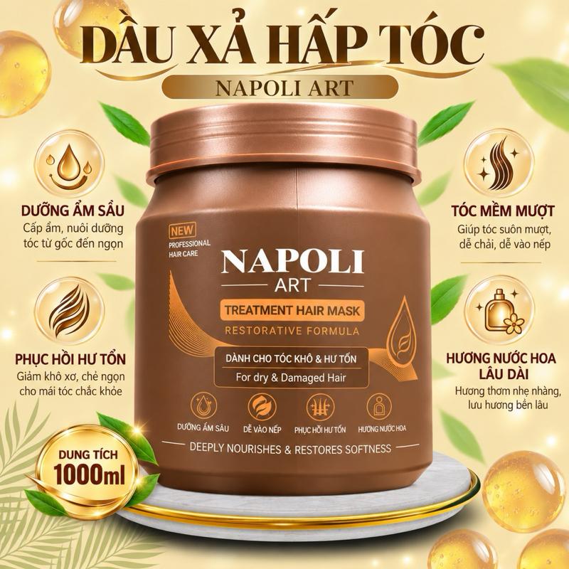 Kem hấp ủ xả napoli art 1000ml phục hồi tóc hư tổn khô sơ mềm mượt hương nước hoa cao cấp thơm lâu