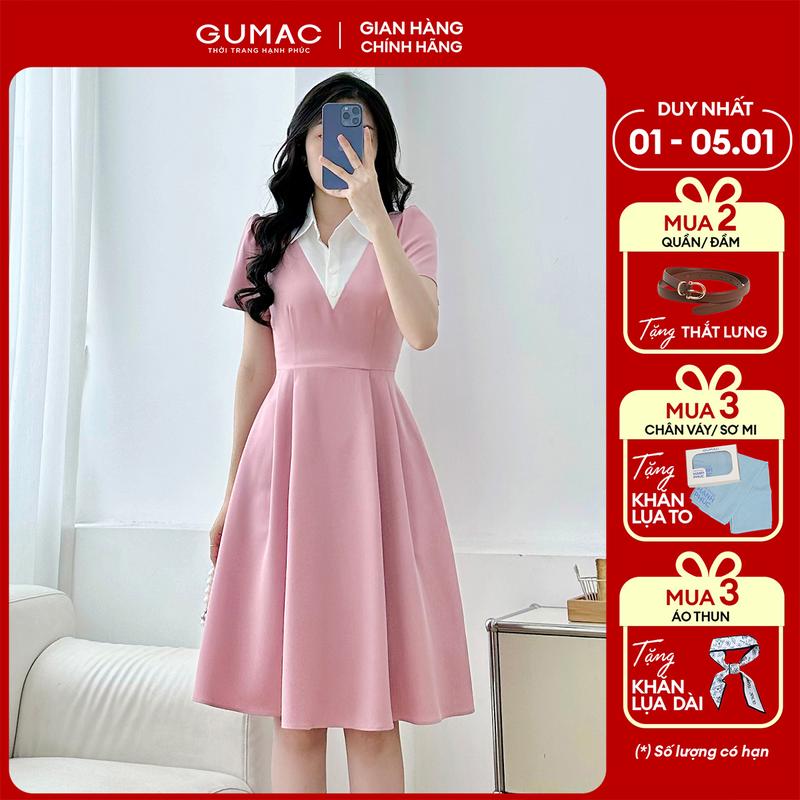 1.1 - 5.1| MUA 2 TẶNG THẮT LƯNG Đầm A kiểu cổ sơ mi tay ngắn nhún nhẹ đầu vai thời trang GUMAC LDF0824