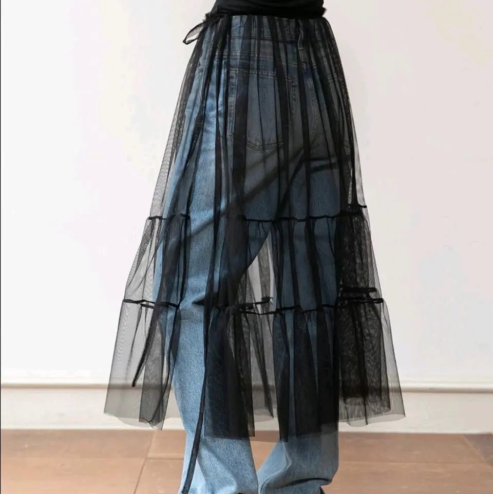 Rok Tutu Ruffle Tile belahan kanan kiri tali Hitam Putih Panjang Wanita Muslim Dewasa Casual Kerja Bawahan Maxi Karet