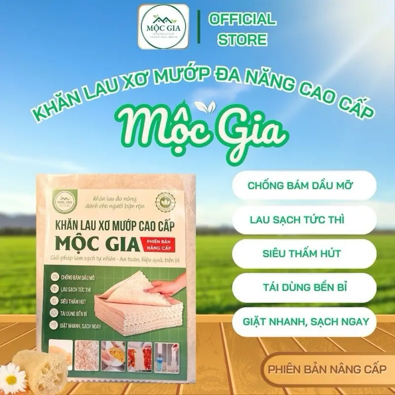 [Hàng Chính Hãng] Khăn Lau Xơ Mướp Cao Cấp Mộc Gia Phiên bản Nâng Cấp Dày 2mm- Khăn Đa Năng, Siêu Thấm Hút, Không Dính Dầu, Giặt sạch dễ dàng - Tái Sử Dụng nhiều lần mướp khan lautachdau 0