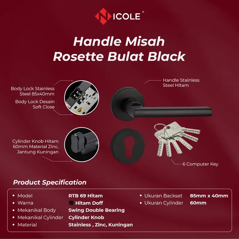 Kunci Pintu Misah Rosette Hitam Doff / Door Lever Handle Bellamour Set 0