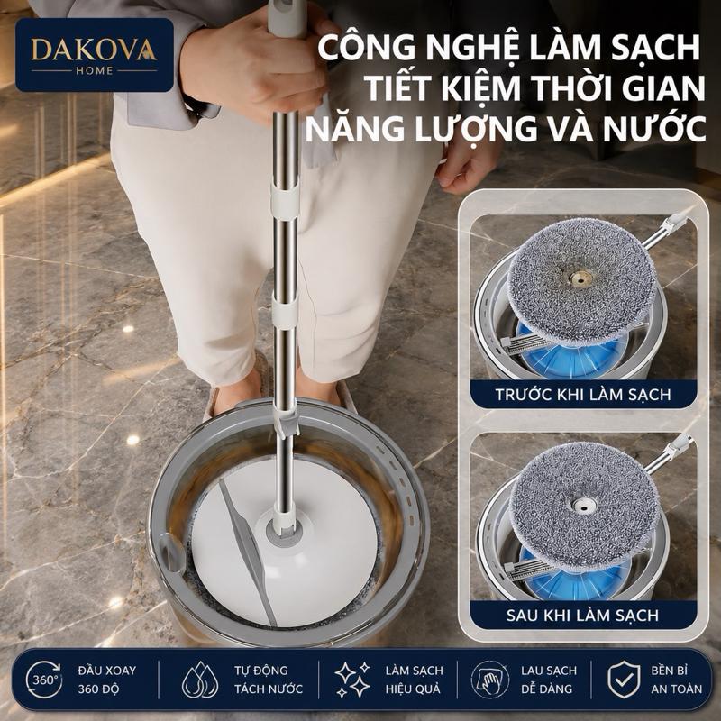 Bộ lau nhà tách nước PL PINK HOUSE, thiết kế dạng tròn, đầu xoay 360°, tiện lợi…