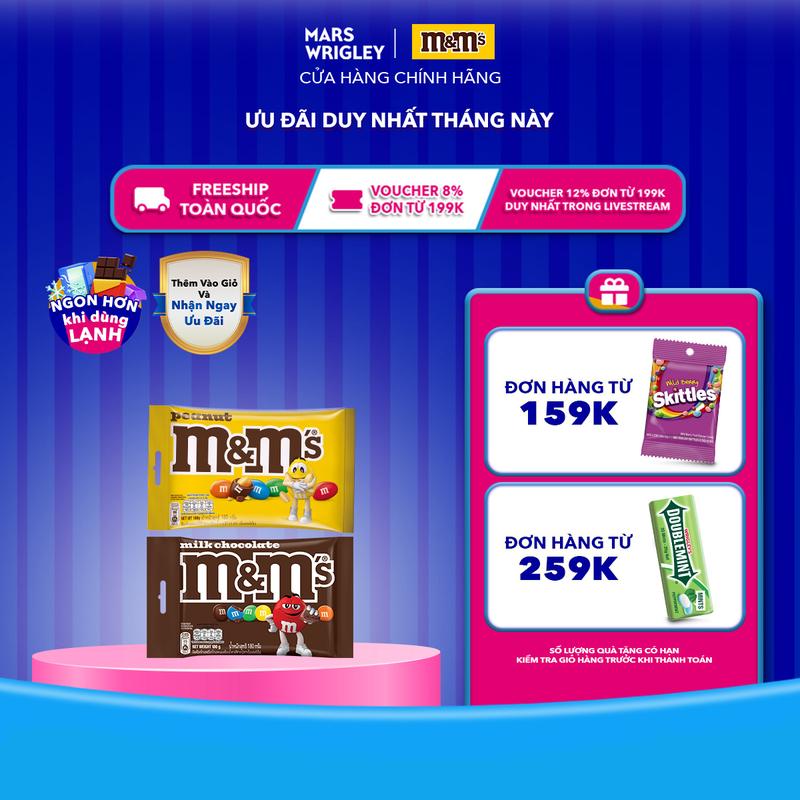  Combo 2 gói kẹo Socola Sữa & Đậu Phộng M&M's gói 180g 