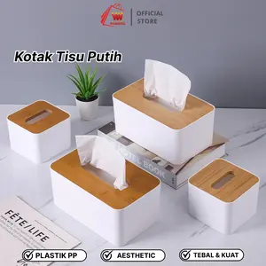YAWANG Kotak Tisu Putih Minimalis Estetik Dengan Tutup Kayu & Holder Plastik PP Berkualitas Tinggi Cocok Untuk Ruang Tamu Dan Kantor Plastik PP Aesthetic Tebal Kuat