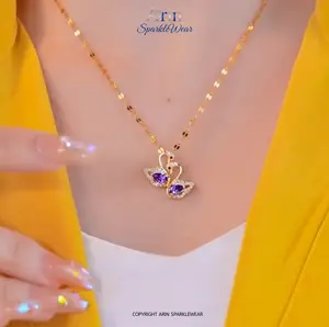 Kalung Wanita Titanium Gold Liontin Double Swan Permata Amethyst Purple - Anti Karat & Luntur Luxury Korea Style