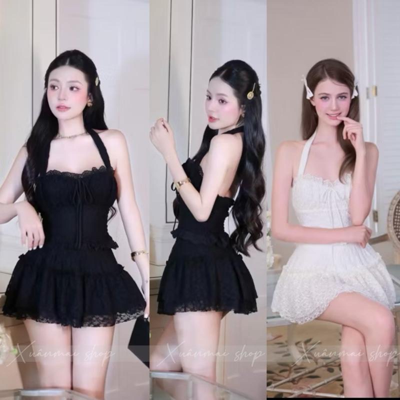 Set ÁO YẾM CỘT CHÂN VÁY XOÈ NGẮN ren mềm sẵn mút